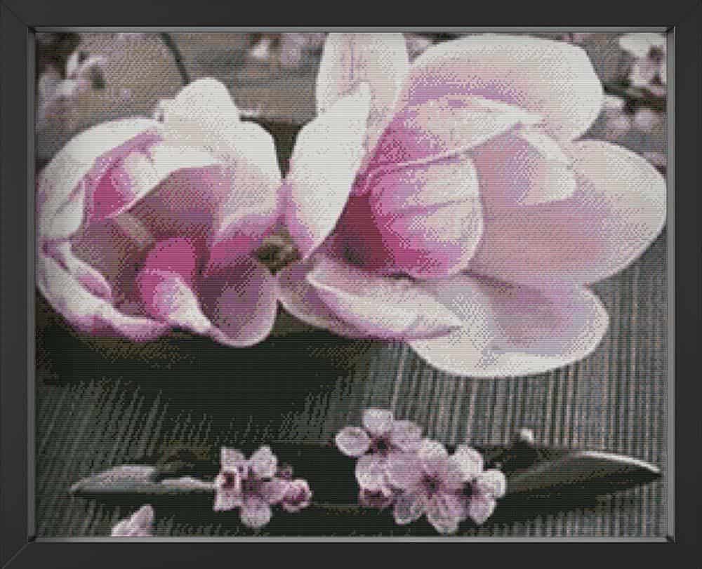 Kreuzstich - Magnolie Blume mit kleinen Blüten | 60x60 cm - Diy - Fadenkunst