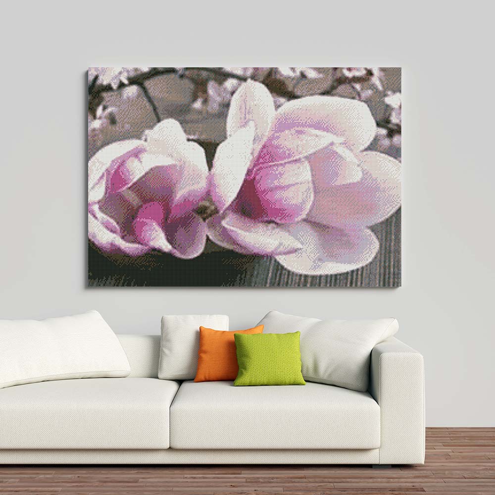 Kreuzstich - Magnolie Blume mit kleinen Blüten | 60x60 cm - Diy - Fadenkunst