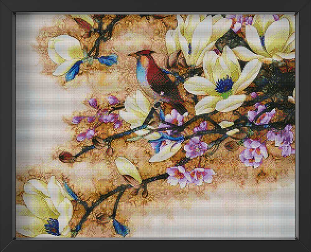 Kreuzstich - Blumen mit Vogel | 50x50 cm - Diy - Fadenkunst
