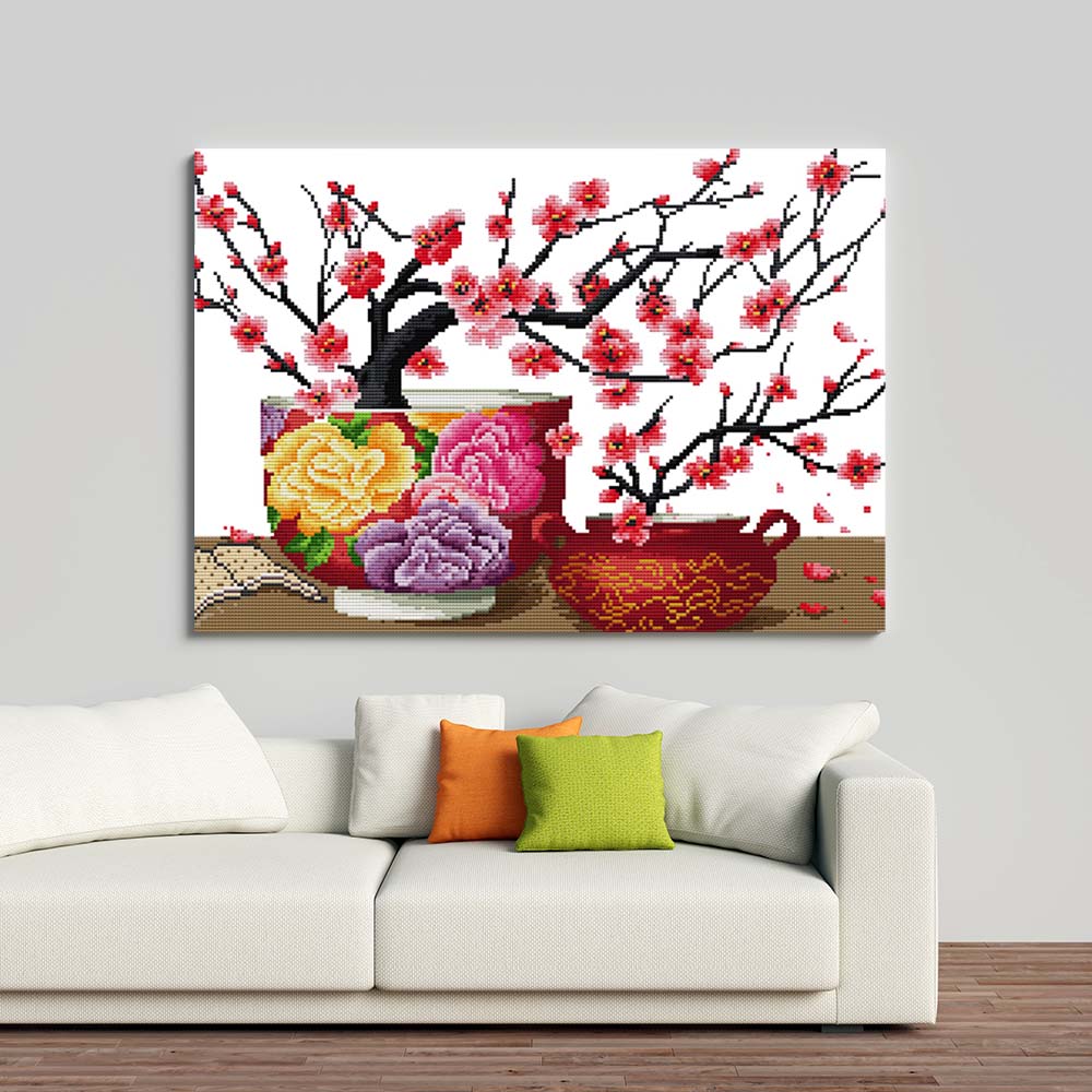 Kreuzstich - schöne Kirschblüten | 50x30 cm - Diy - Fadenkunst