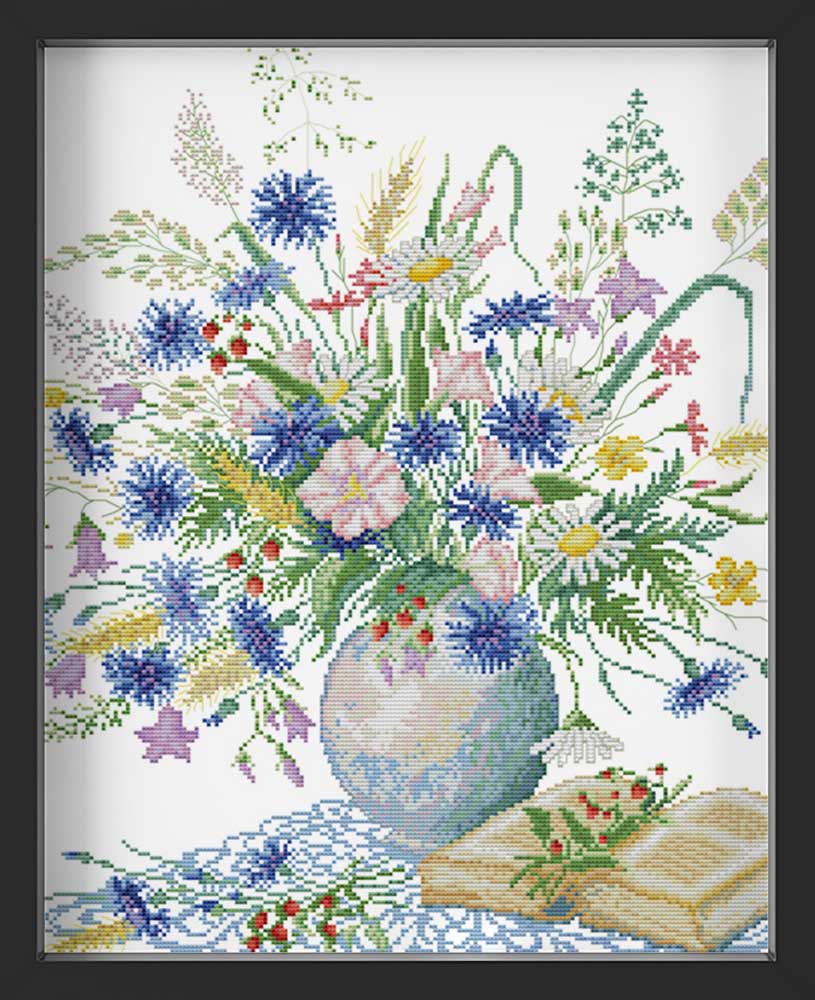 Kreuzstich - Blumenstrauß mit Buch | 50x50 cm - Diy - Fadenkunst