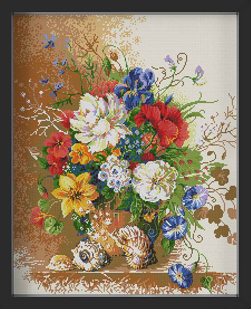 Kreuzstich - großer Blumenstrauß mit Muscheln | 40x50 cm - Diy - Fadenkunst