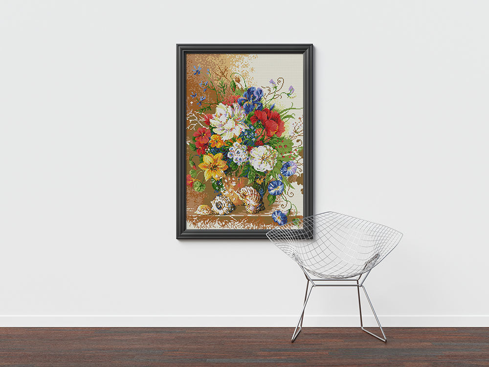 Kreuzstich - großer Blumenstrauß mit Muscheln | 40x50 cm - Diy - Fadenkunst