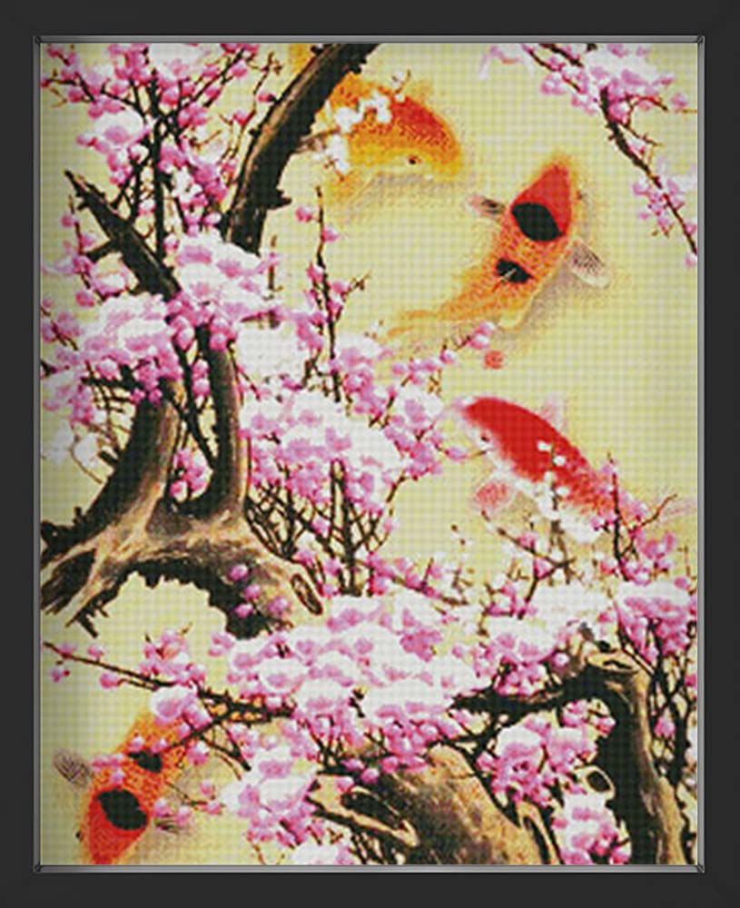 Kreuzstich - Baum mit Blumen und Koi Fischen | 50x100 cm - Diy - Fadenkunst