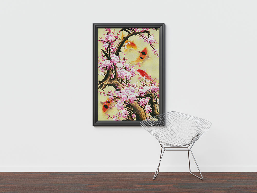 Kreuzstich - Baum mit Blumen und Koi Fischen | 50x100 cm - Diy - Fadenkunst
