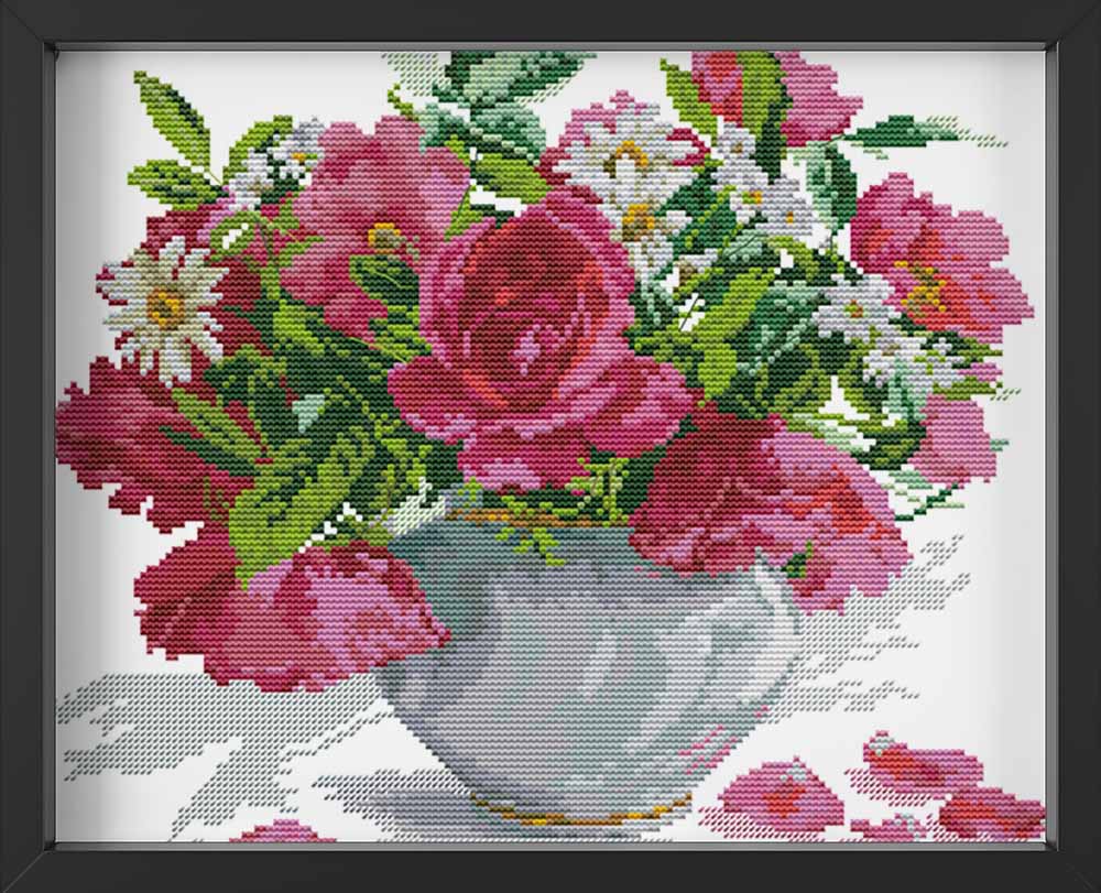 Kreuzstich -  Blumentopf mit Rosen | 40x30 cm - Diy - Fadenkunst