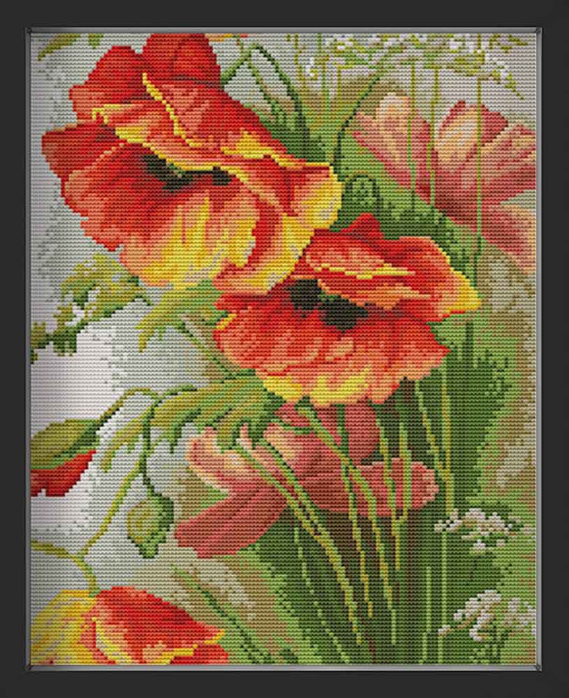 Kreuzstich - große Mohnblume | 30x50 cm - Diy - Fadenkunst