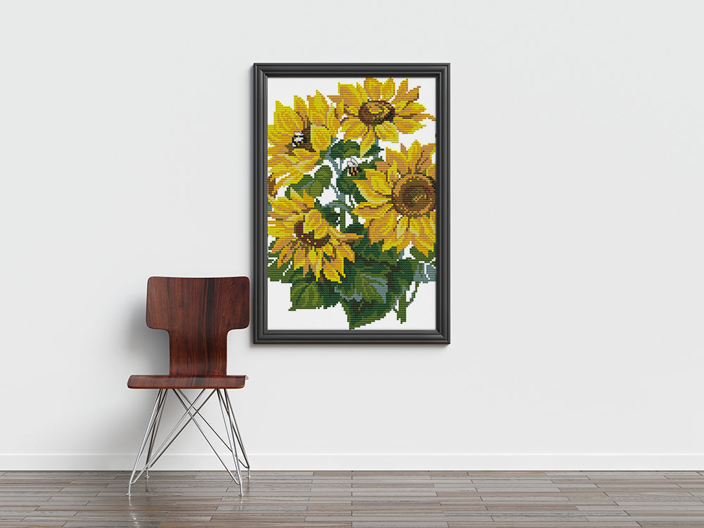 Kreuzstich - Sonnenblumen mit Biene | 30x30 cm - Diy - Fadenkunst