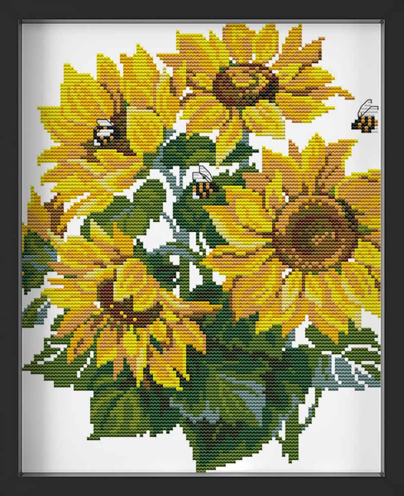 Kreuzstich - Sonnenblumen mit Biene | 30x30 cm - Diy - Fadenkunst