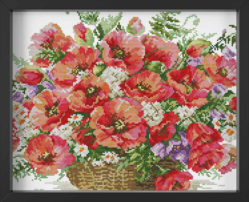 Kreuzstich - schöne Mohnblumen im Korb | 50x40 cm - Diy - Fadenkunst