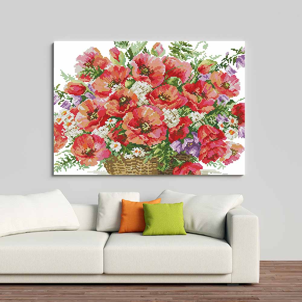 Kreuzstich - schöne Mohnblumen im Korb | 50x40 cm - Diy - Fadenkunst