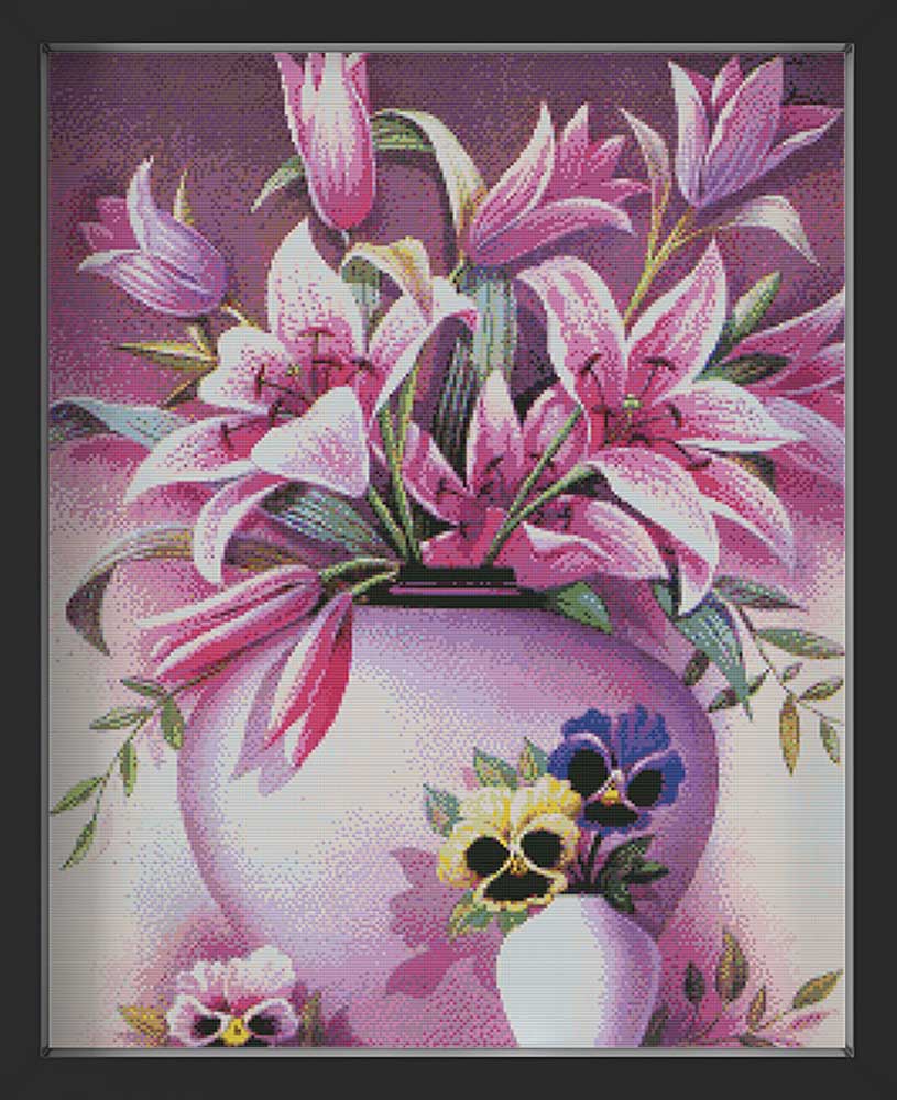 Kreuzstich - Lilien in der Vase rosa | 50x60 cm - Diy - Fadenkunst