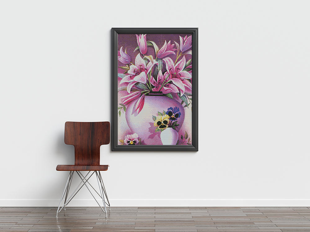 Kreuzstich - Lilien in der Vase rosa | 50x60 cm - Diy - Fadenkunst