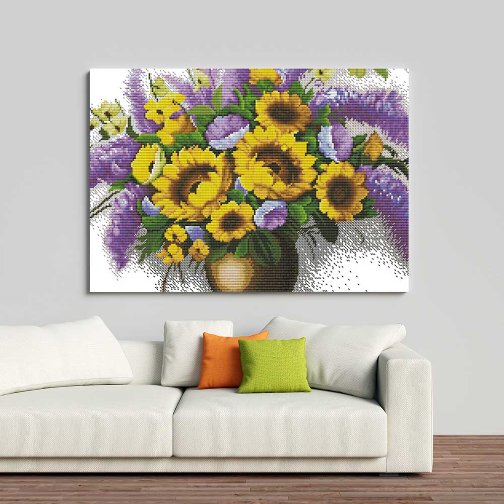 Kreuzstich - Sonnenblumen und Flieder in Vase | 50x40 cm - Diy - Fadenkunst