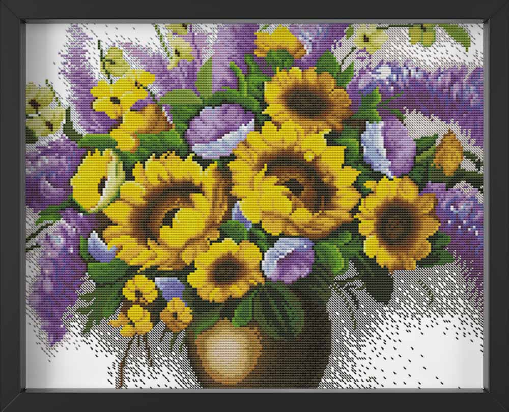Kreuzstich - Sonnenblumen und Flieder in Vase | 50x40 cm - Diy - Fadenkunst