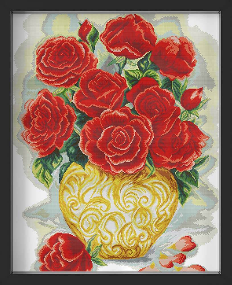 Kreuzstich - Rosen in goldener Vase | 50x70 cm - Diy - Fadenkunst