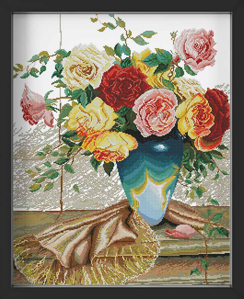 Kreuzstich - bunte Rosen in einer Vase | 50x60 cm - Diy - Fadenkunst