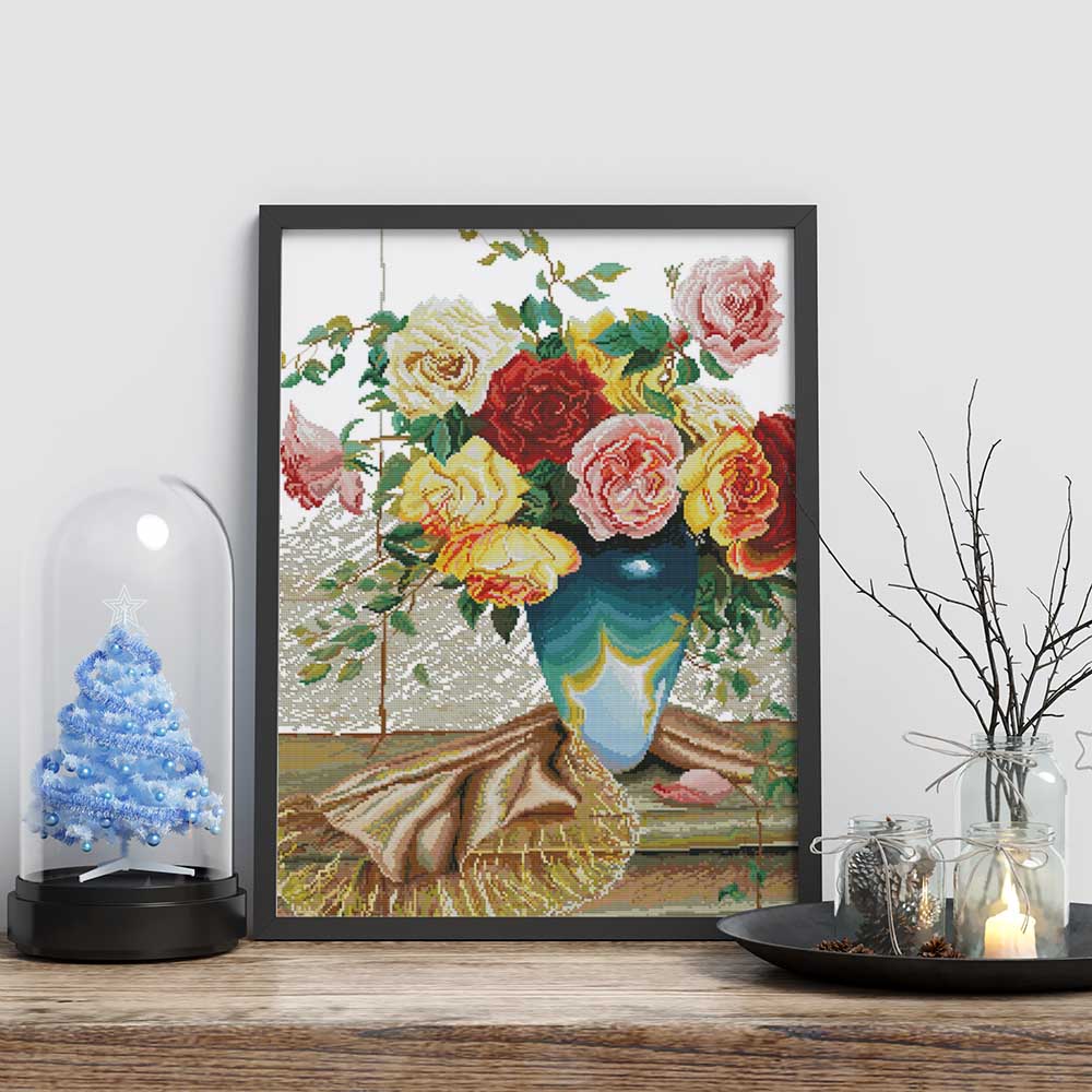 Kreuzstich - bunte Rosen in einer Vase | 50x60 cm - Diy - Fadenkunst