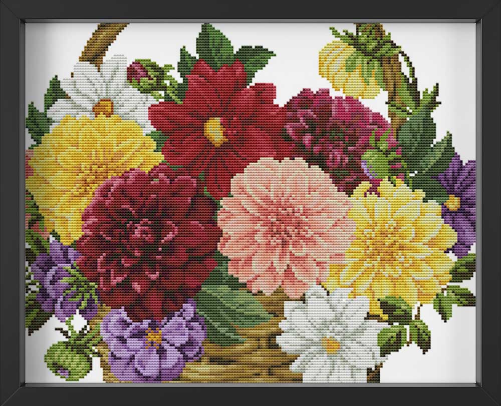 Kreuzstich - schöner Korb mit Dahlien | 40x40 cm - Diy - Fadenkunst