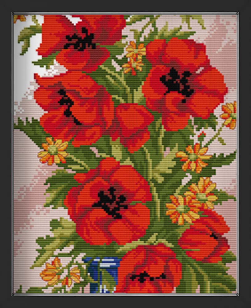Kreuzstich - schöne rote Mohnblumen | 30x60 cm - Diy - Fadenkunst