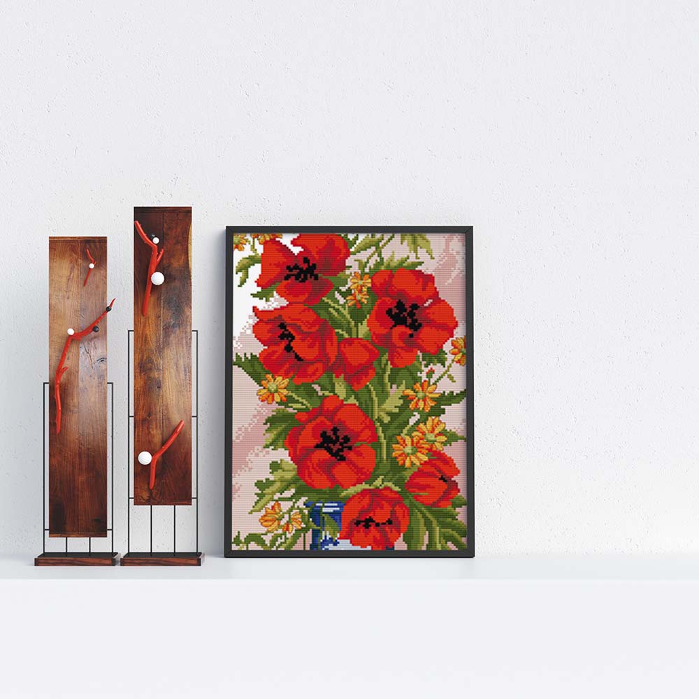 Kreuzstich - schöne rote Mohnblumen | 30x60 cm - Diy - Fadenkunst