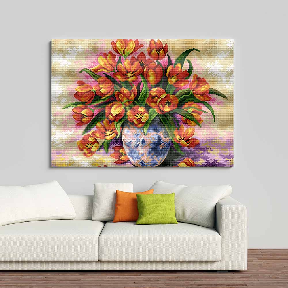 Kreuzstich - Vase mit Tulpen | 40x30 cm - Diy - Fadenkunst