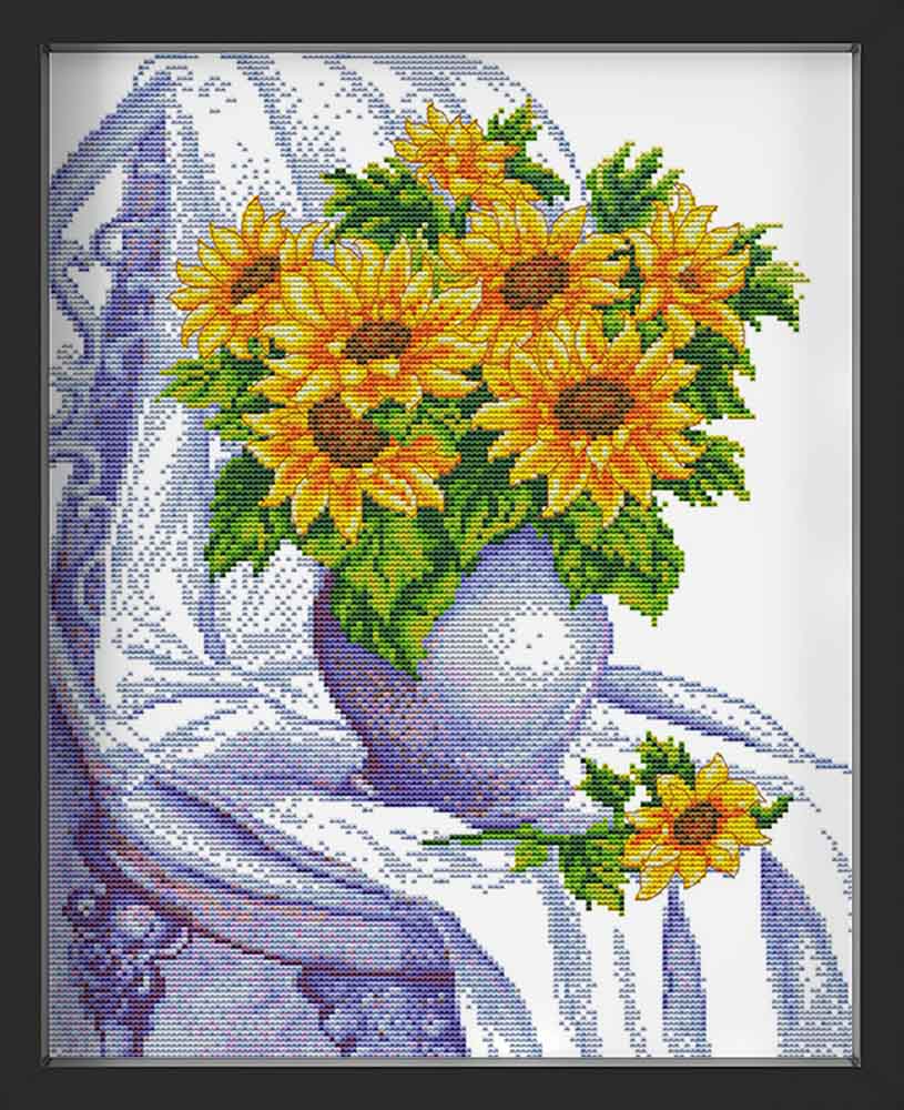 Kreuzstich - Sonnenblume in einer Vase auf einem Stuhl | 30x40 cm - Diy - Fadenkunst