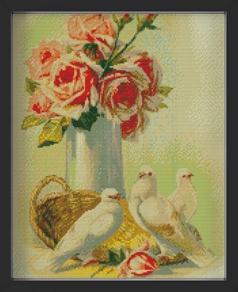 Kreuzstich - Rosen mit weißen Tauben | 30x50 cm - Diy - Fadenkunst