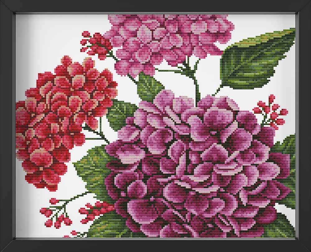 Kreuzstich - tolle Hortensien lila und rot | 40x40 cm - Diy - Fadenkunst