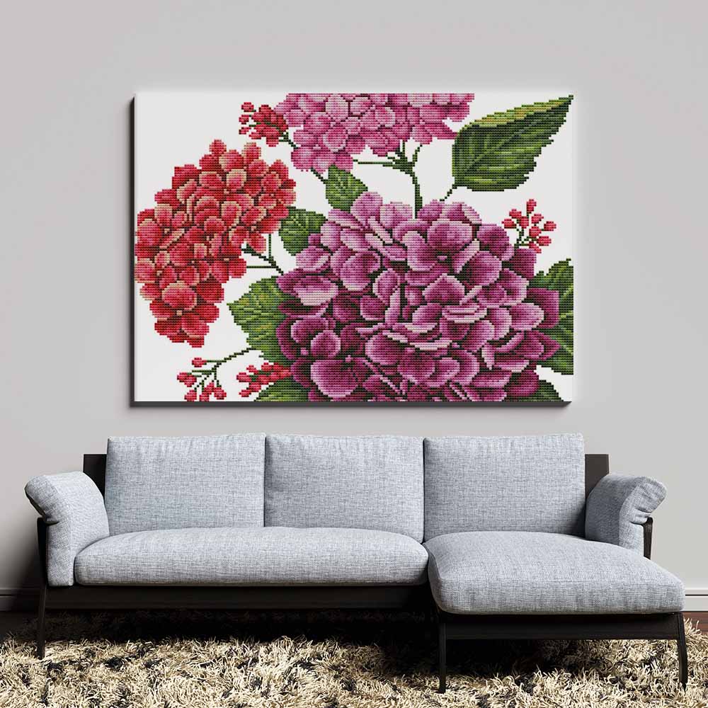 Kreuzstich - tolle Hortensien lila und rot | 40x40 cm - Diy - Fadenkunst