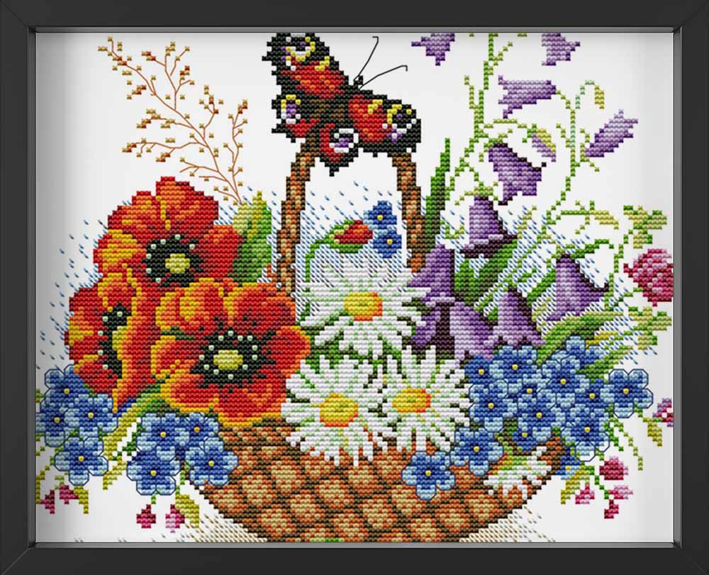 Kreuzstich - Bumenkorb mit Schmetterling | 30x30 cm - Diy - Fadenkunst