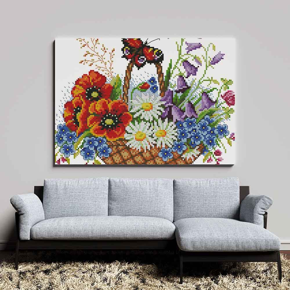 Kreuzstich - Bumenkorb mit Schmetterling | 30x30 cm - Diy - Fadenkunst
