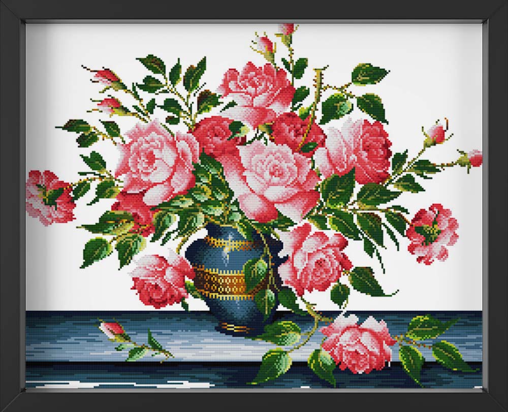 Kreuzstich - Rosen in schöner Vase | 60x40 cm - Diy - Fadenkunst
