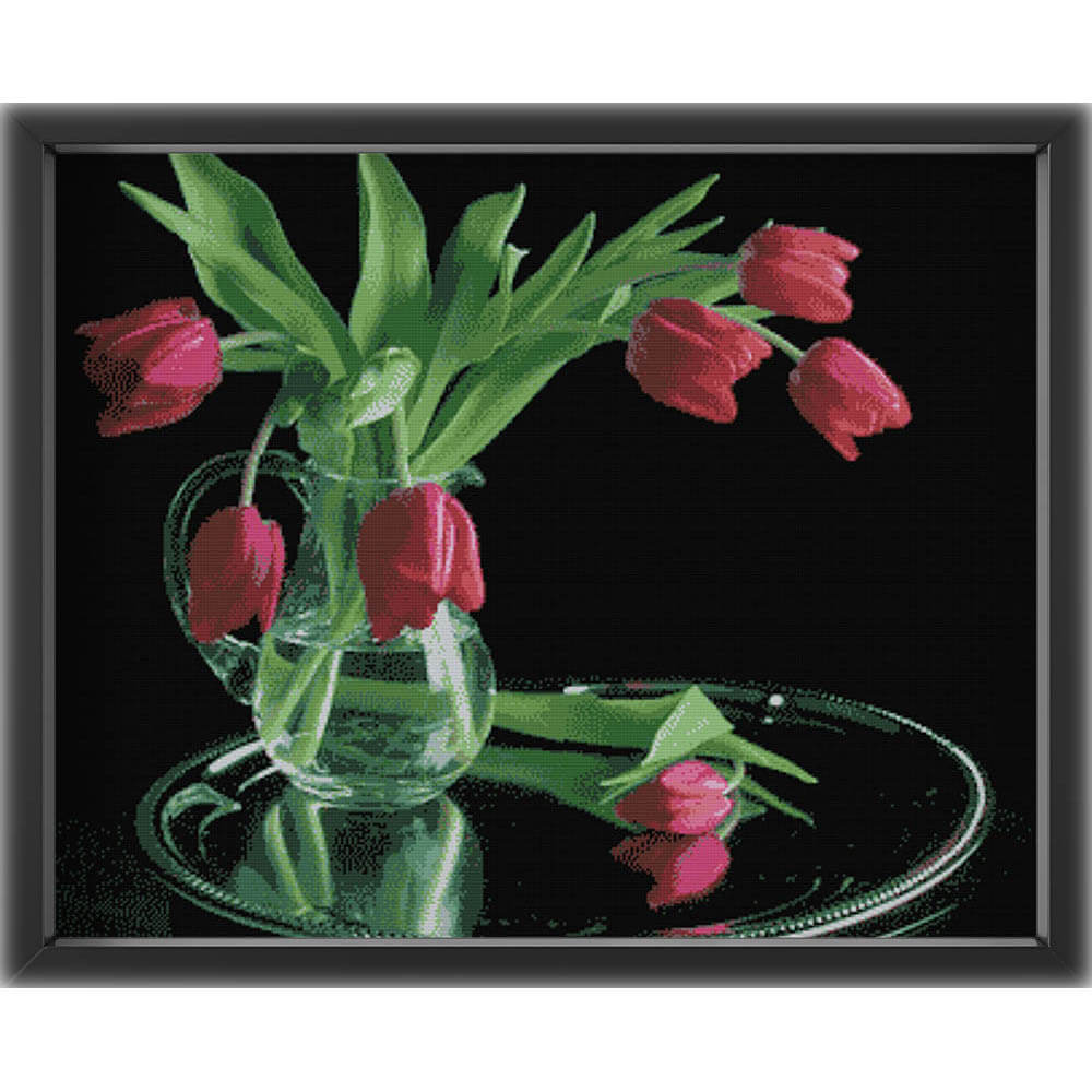 Kreuzstich - Rote Rosen in der Vase | 80x65 cm - Diy - Fadenkunst