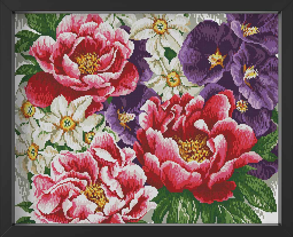 Kreuzstich - verschiedene bunte Blumen | 50x50 cm - Diy - Fadenkunst