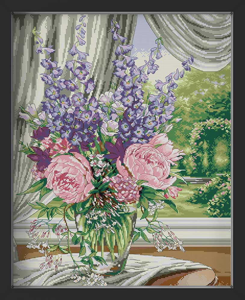 Kreuzstich - Blumenstrauß vor einem Fenster | 50x60 cm - Diy - Fadenkunst