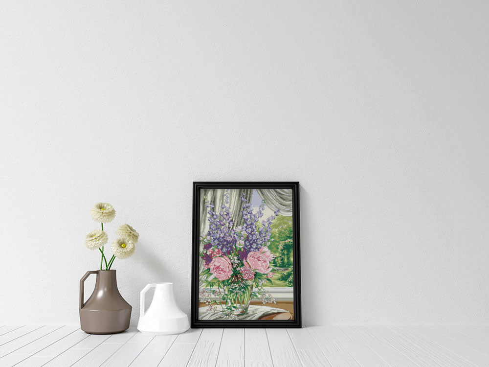Kreuzstich - Blumenstrauß vor einem Fenster | 50x60 cm - Diy - Fadenkunst