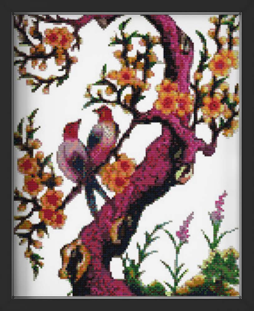 Kreuzstich - Vögel auf einem Baum | 30x80 cm - Diy - Fadenkunst