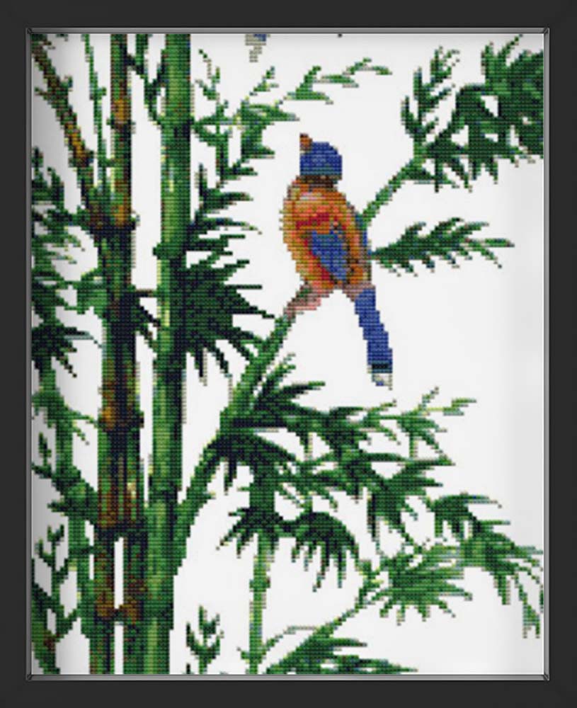 Kreuzstich - Vogel auf Bambus | 30x80 cm - Diy - Fadenkunst