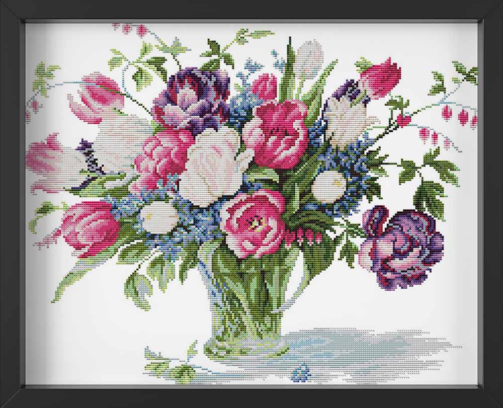 Kreuzstich - verschiedene Blumen in Vase | 50x40 cm - Diy - Fadenkunst
