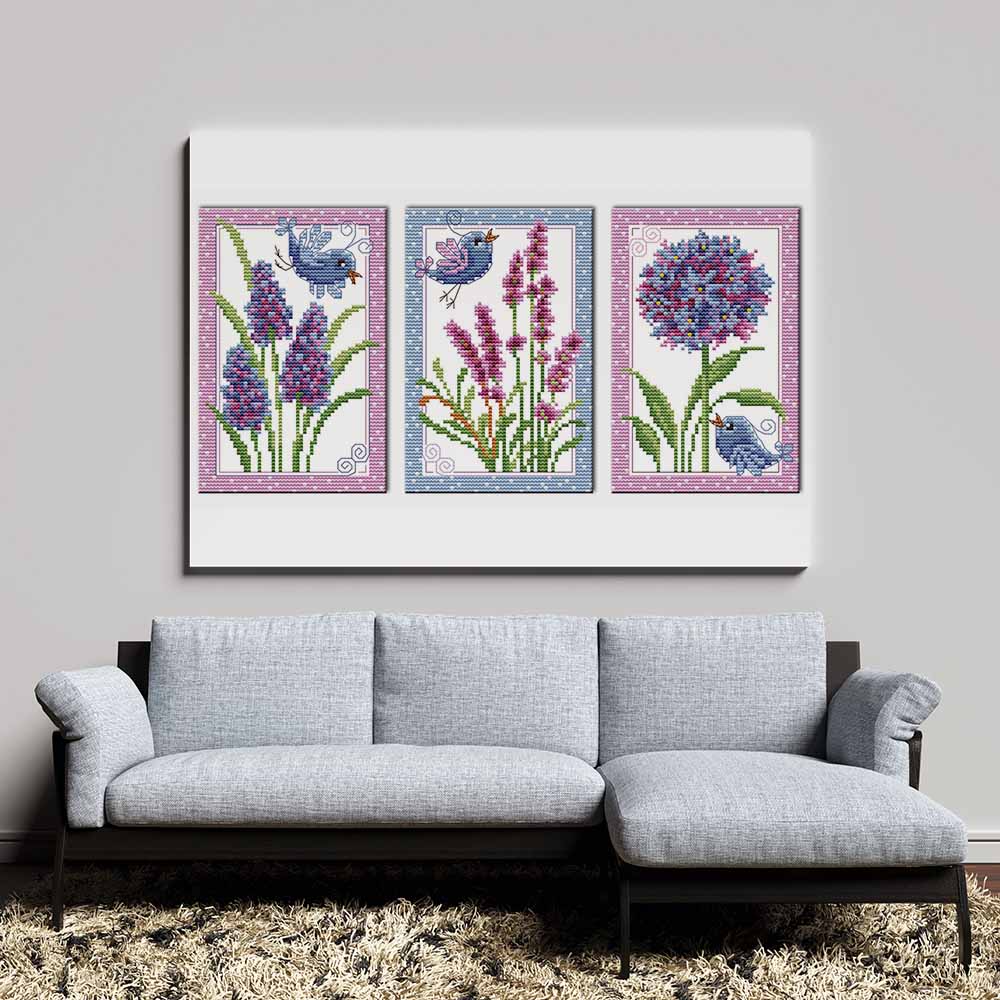Kreuzstich - schöne Blumen 3 teilig | 50x20 cm - Diy - Fadenkunst