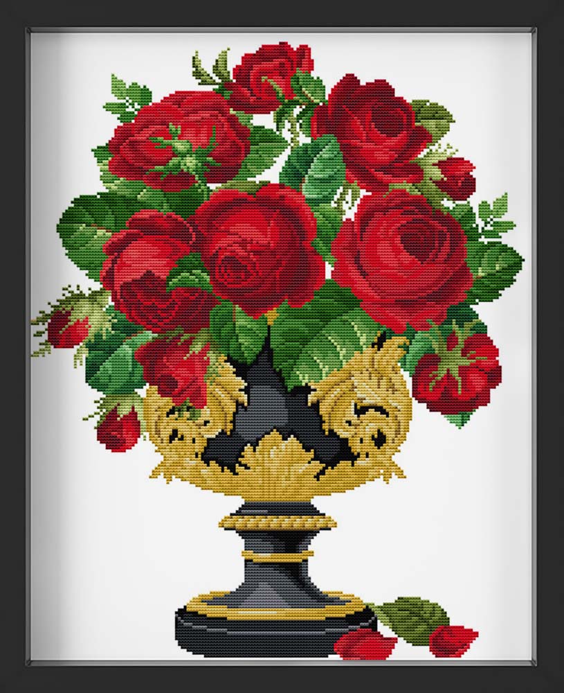 Kreuzstich - rote Rosen in eleganter Vase | 40x50 cm - Diy - Fadenkunst