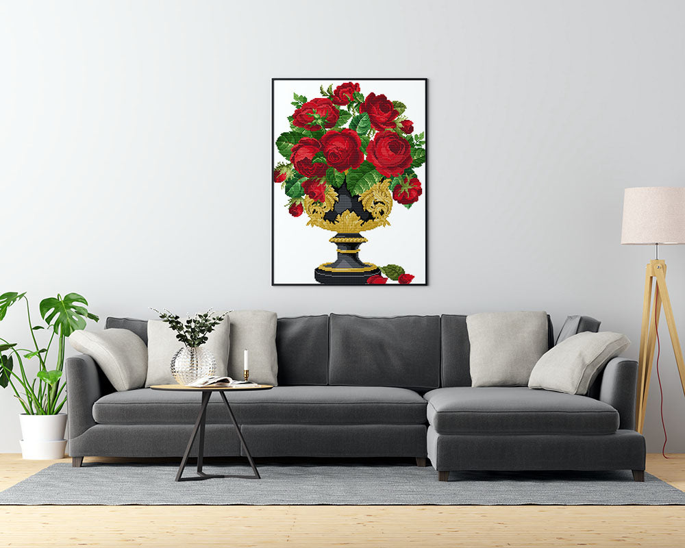 Kreuzstich - rote Rosen in eleganter Vase | 40x50 cm - Diy - Fadenkunst