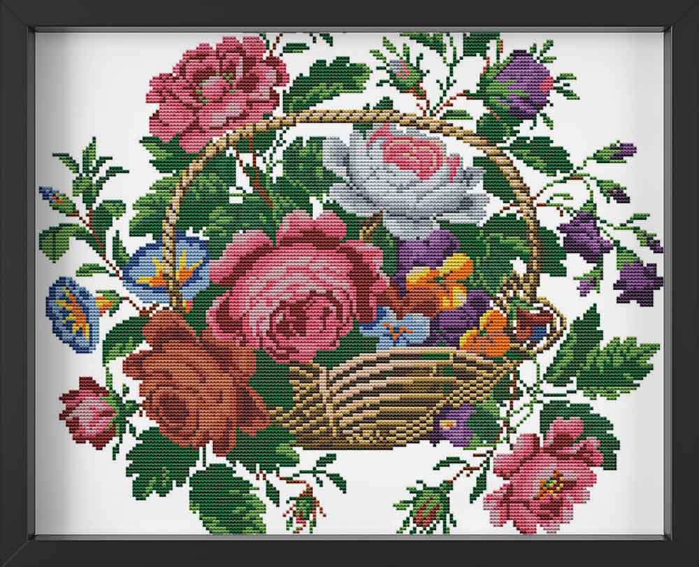 Kreuzstich -  gemischte Blumen im Korb | 40x40 cm - Diy - Fadenkunst