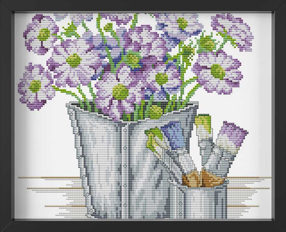 Kreuzstich -  lila Blumen mit Pinseln | 30x40 cm - Diy - Fadenkunst