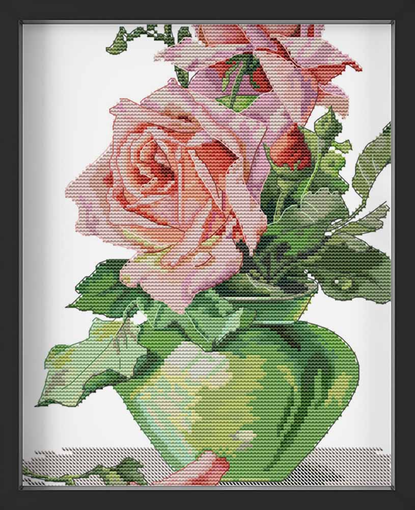 Kreuzstich - rosa Rosen in grüner Vase | 30x40 cm - Diy - Fadenkunst