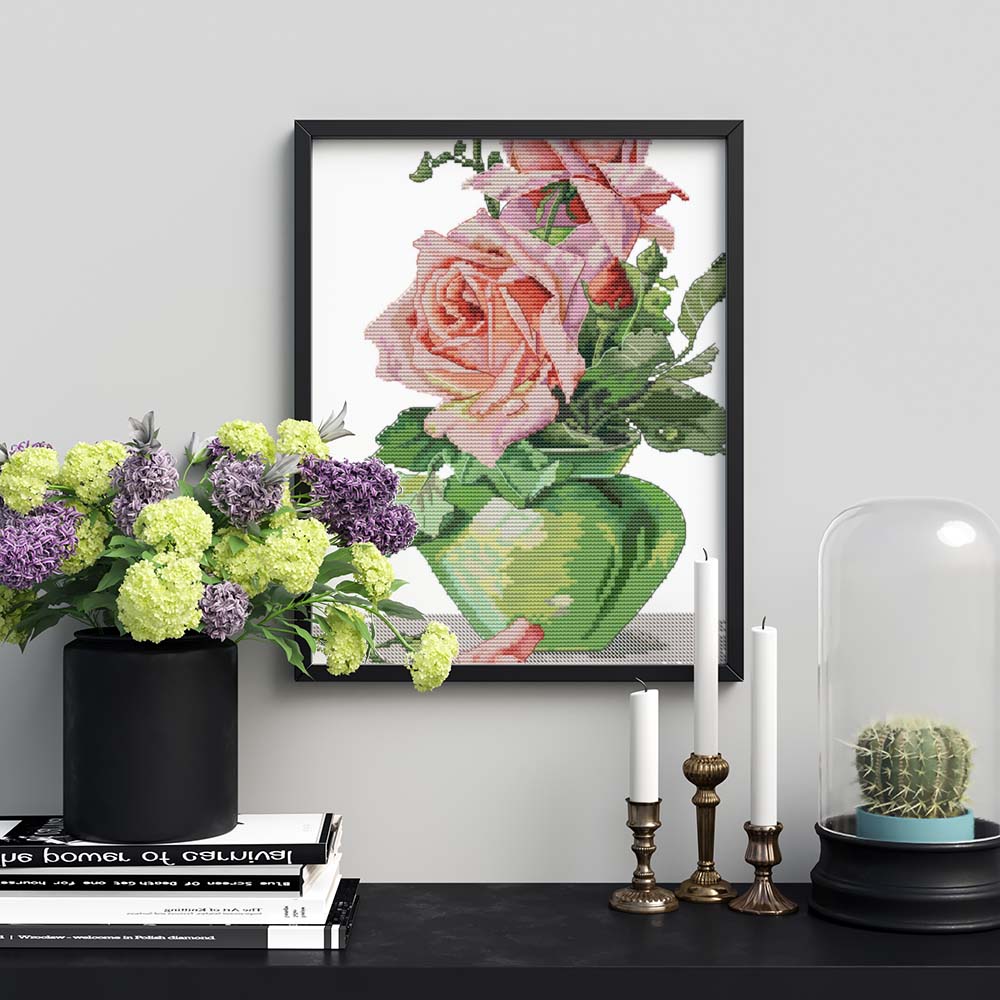 Kreuzstich - rosa Rosen in grüner Vase | 30x40 cm - Diy - Fadenkunst