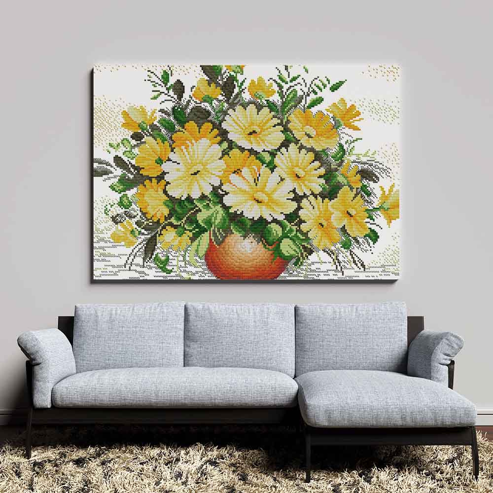 Kreuzstich -  gelbe Blumen in Vase | 40x30 cm - Diy - Fadenkunst