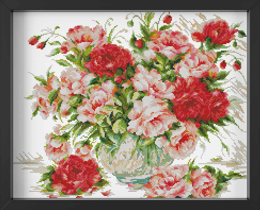 Kreuzstich -  rosa rote Blumen in Vase | 50x40 cm - Diy - Fadenkunst