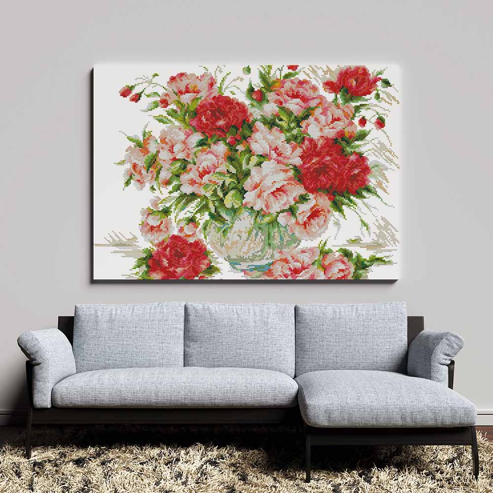 Kreuzstich -  rosa rote Blumen in Vase | 50x40 cm - Diy - Fadenkunst